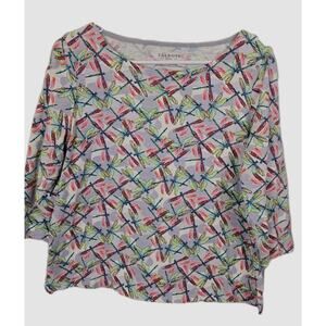 Talbots Dragonfly Print Boat Neck 3/4 Sleeve Shirt Tunic Cotton Top MED Petite